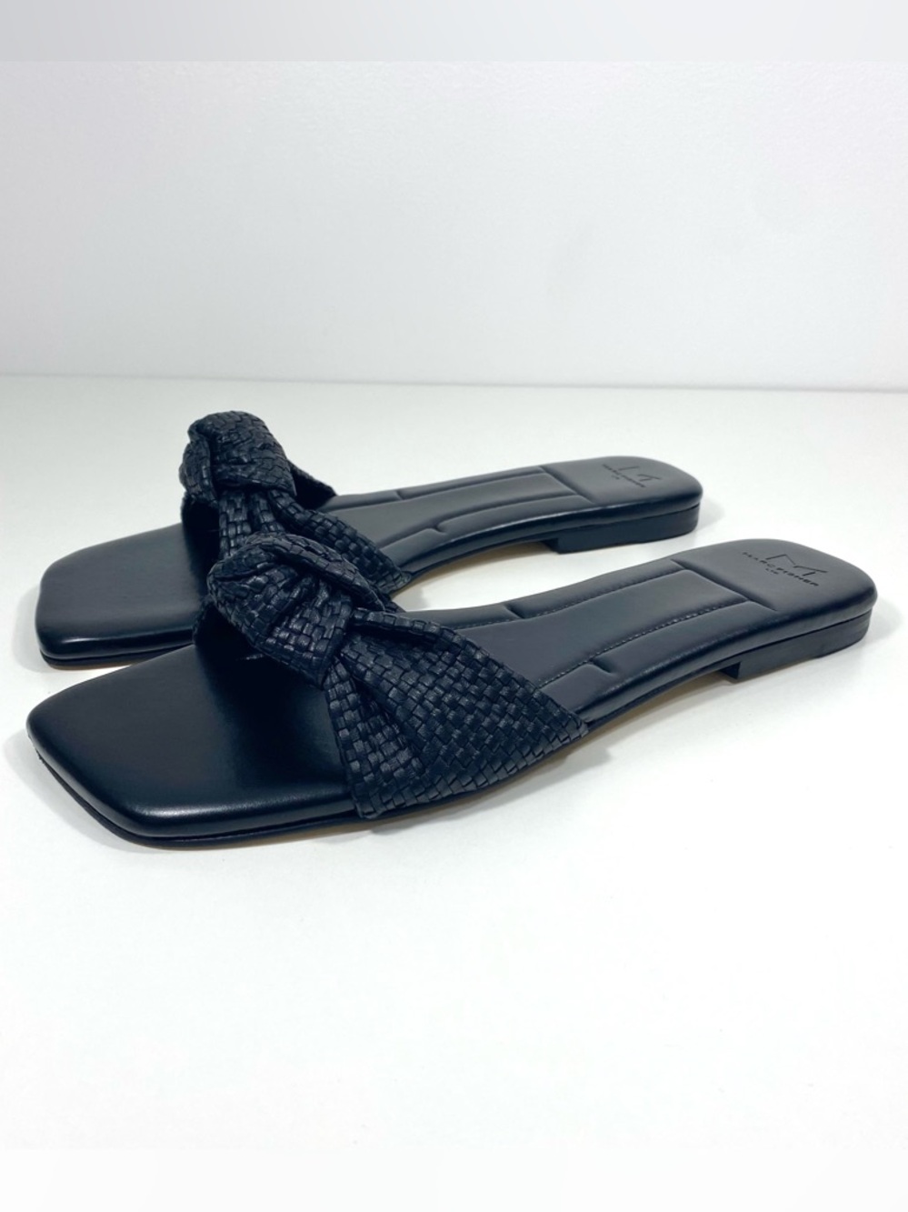 Marc Fisher LTD Marlon Black Leather Slides Sandals Flats + Woven Knot Upper 11